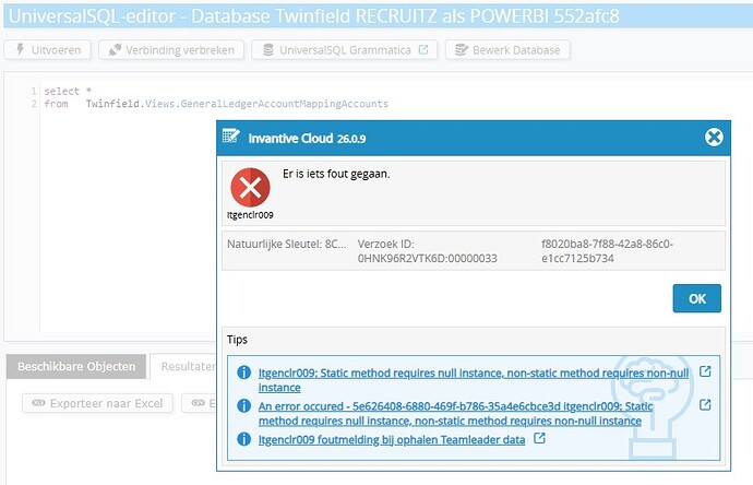 foutmelding tabel twinfield GeneralLederAccountMappingAccounts