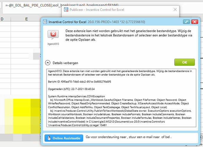 itgenclr013 melding bij publiceren Exact Online rekenmodel in Excel