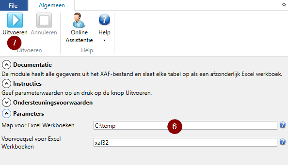 XAF to Excel converter parameters