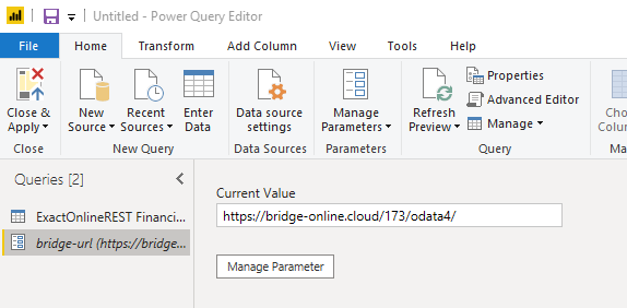 Power Query Editor met een Bridge URL parameter