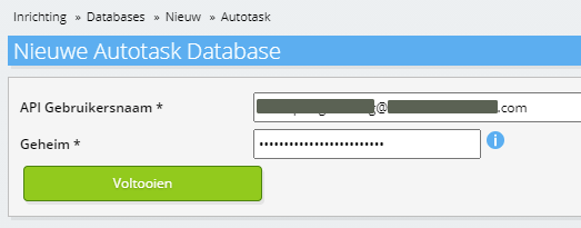 Registratie Autotask database in Invantive Cloud met API gebruiker